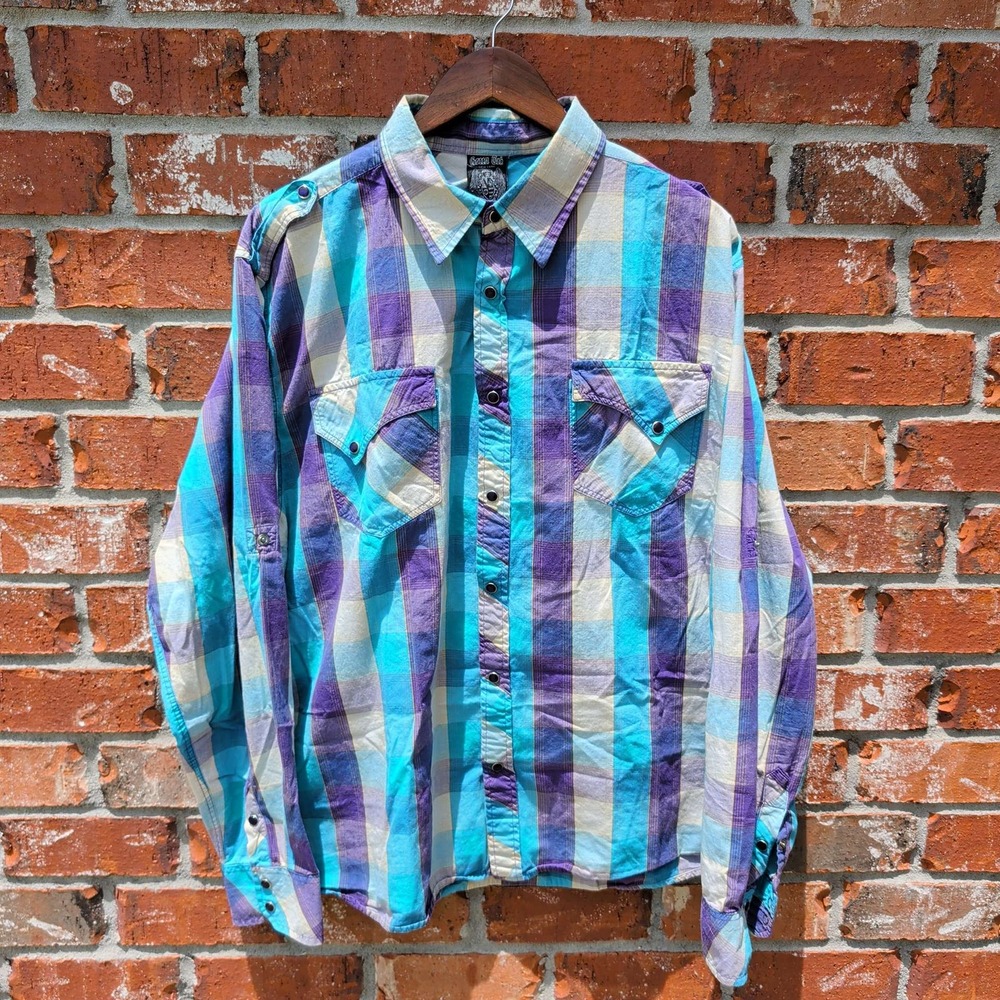 Green Tea New York Plaid Shirt Mens 2XL Teal Purple Snap Front Western Epaulets